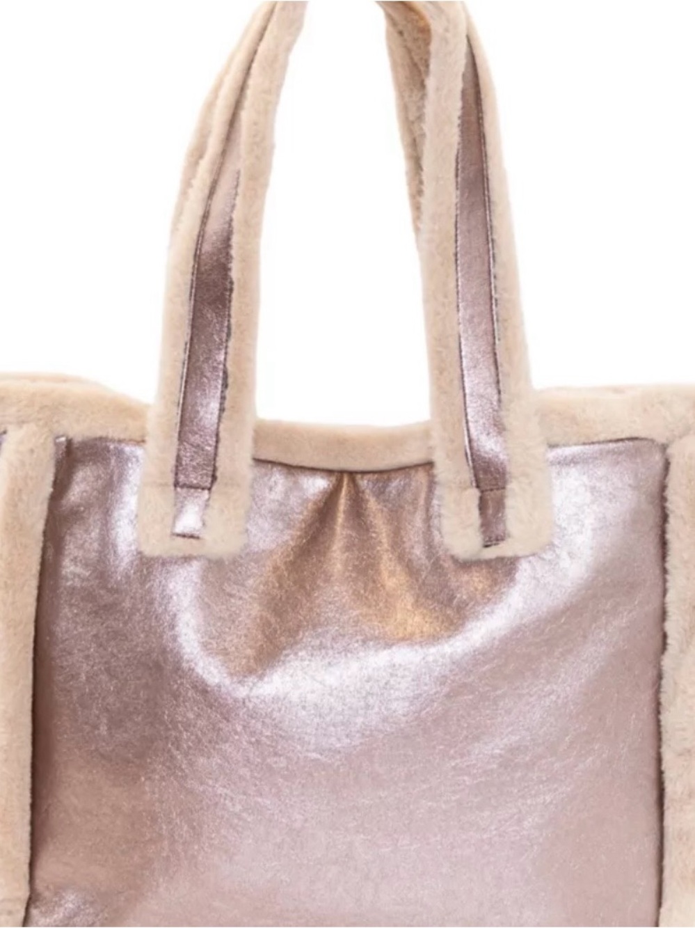Metallic Rose Tote Bag with Shearling Trim